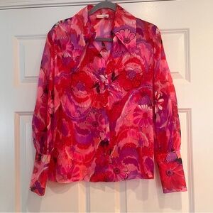 Vintage 70s Jami Originals Floral Blouse Medium Mod GoGo Big Collar Bright Pinks